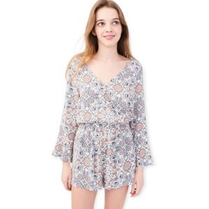 V Neck Envelope Front Floral Long Bell Sleeve Romper Shorts Outfit